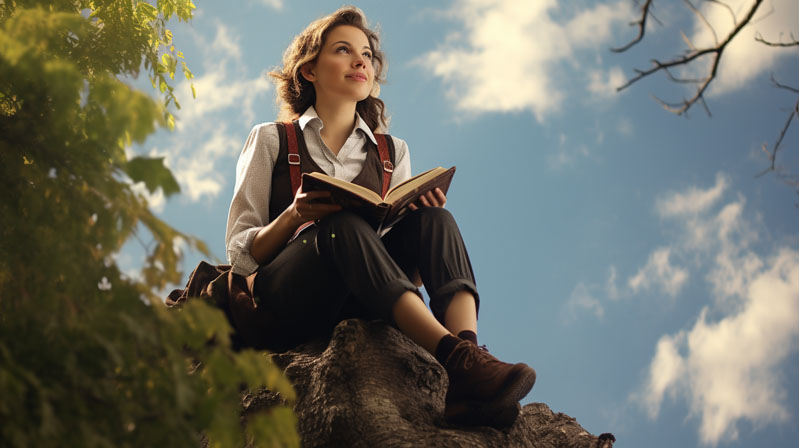 Rising Soul Balance Affirmation Image - Woman Reading on Mountain