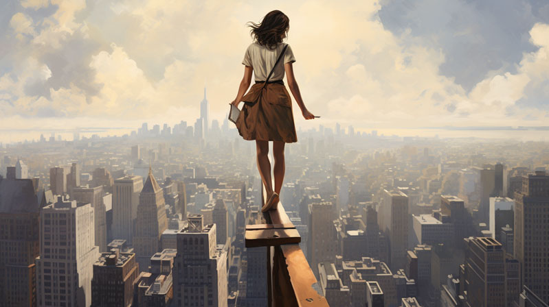 Rising Soul Balance Affirmation Image - Woman balancing on skyscraper beam.